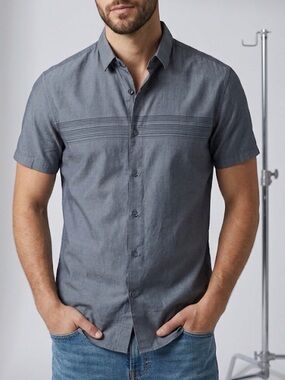 Theory Mens Zack S Button down Ombre Chest Stripe Chambray Casual Blue Small